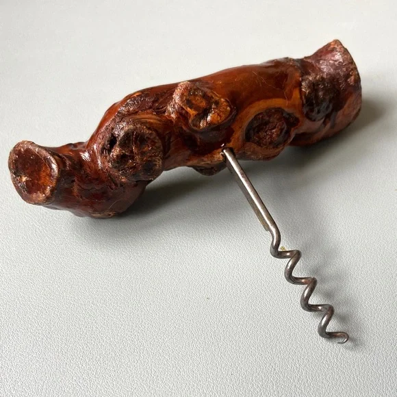 Vintage Burl Wood Cork Screw Corkcrew Bottle Opener Grapevine Vintage French Bar - Picture 2 of 8